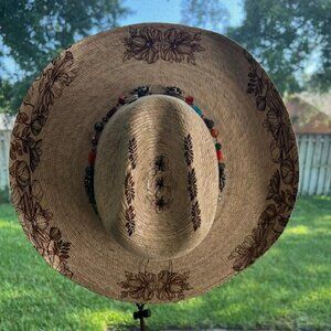 Hats. Handmade Palm Leaf Cowboy Hat, beige in color with etched designs